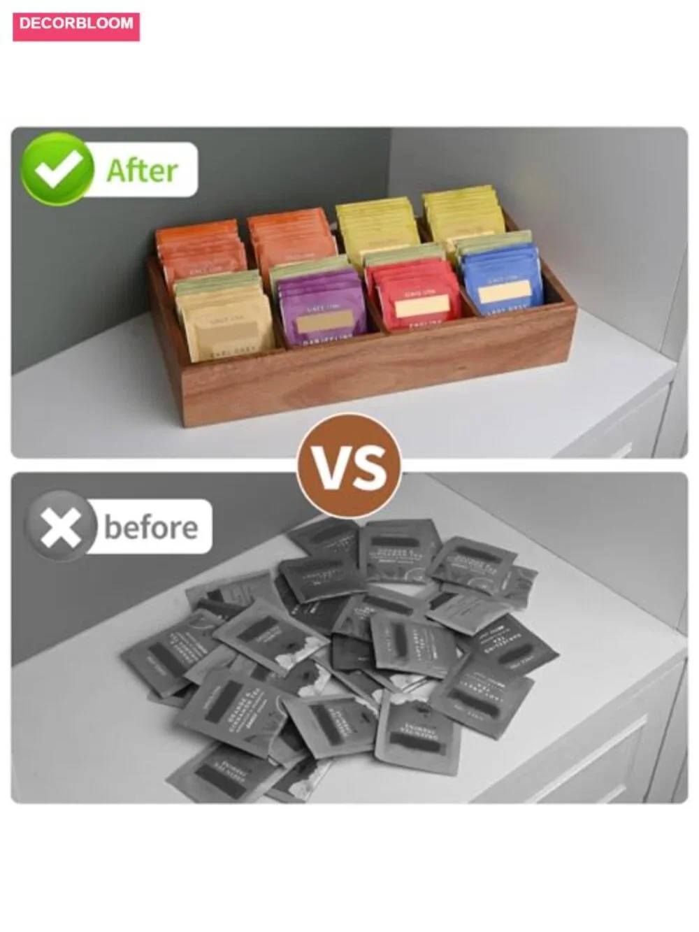 Acacia Wood Tea Bag Organizer with 8 Slots – Tea Bag Holder and Storage for